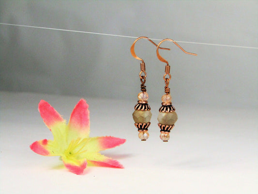 Faceted Champagne Crystal Antique Copper Capped Dangle Earrings USA HANDMADE - Bad Apple Designs Jewelry