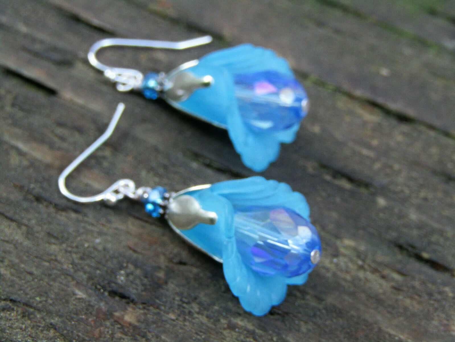 Flower Earrings Blue Tulip Cala Lily Silver Dangle Earrings Sparkling Crystal - Bad Apple Designs Jewelry