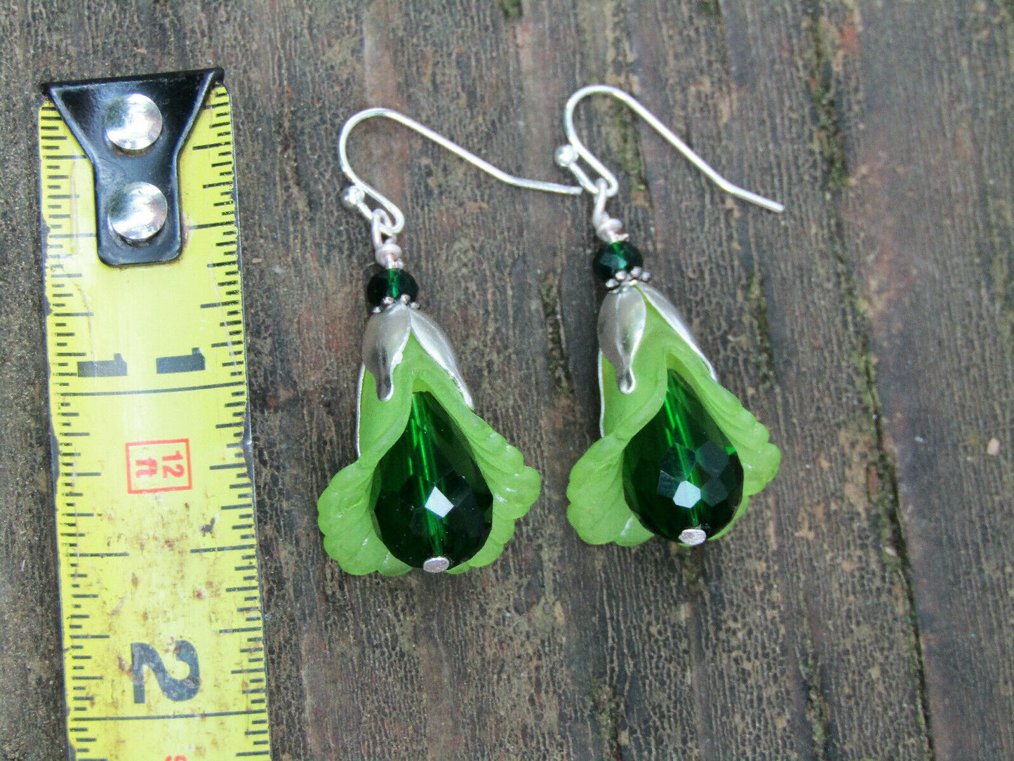Flower Earrings Green Tulip Cala Lily Silver Dangle Earrings Sparkling Crystal - Bad Apple Designs Jewelry