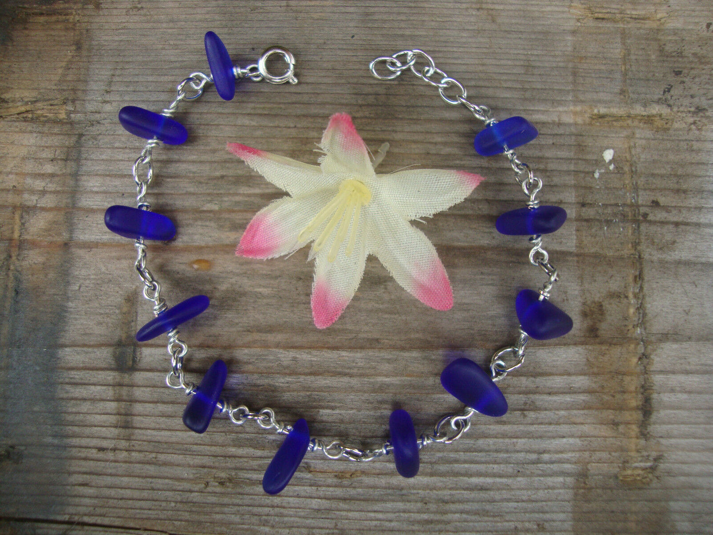 Cobalt Blue Sea Glass Silver Chain Link Bracelet Beach Glass Tumbled - Bad Apple Designs Jewelry