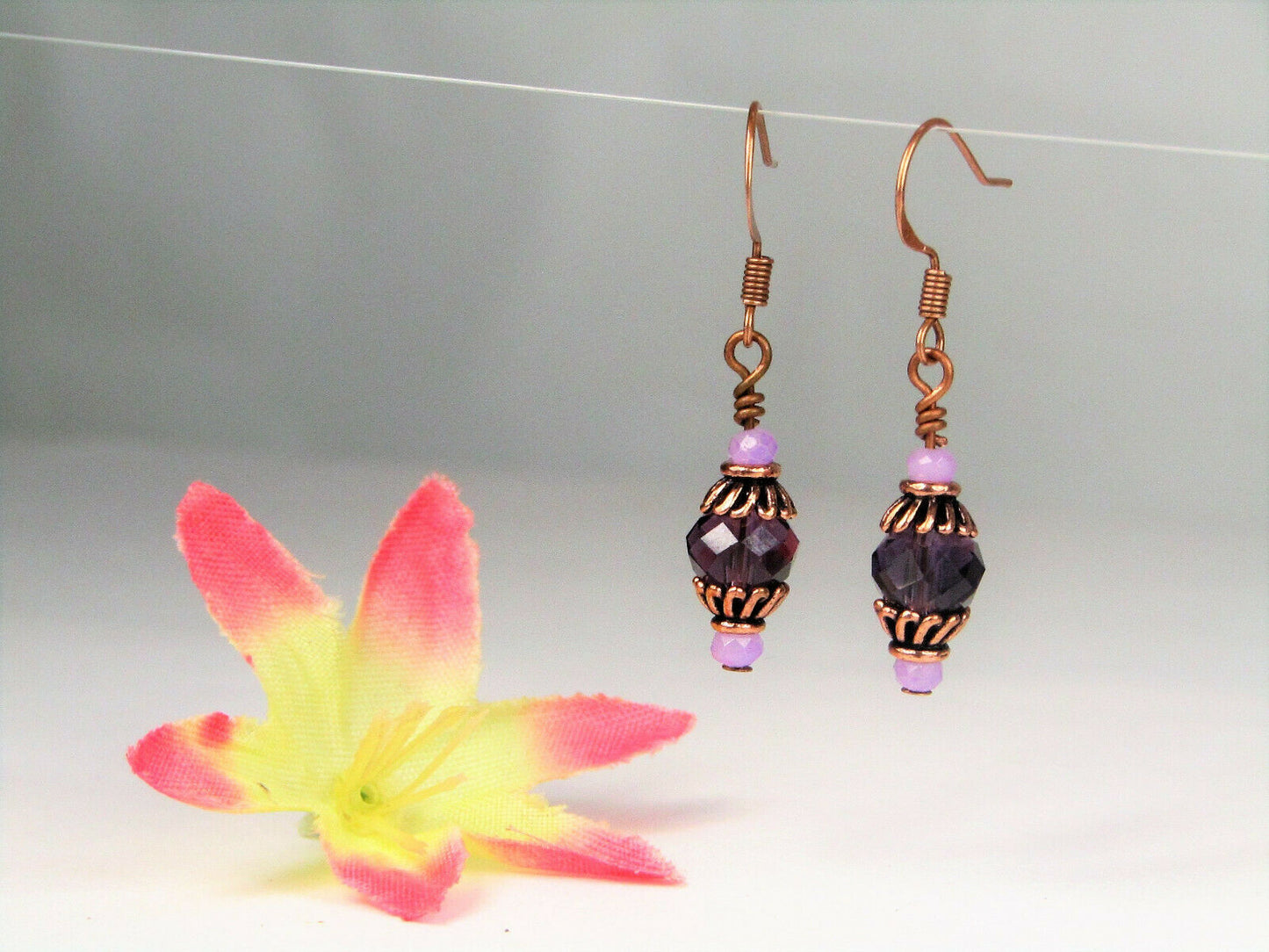 Faceted Purple Crystal Antique Copper Capped Dangle Earrings, Artisan Made OOAK - Bad Apple Designs Jewelry