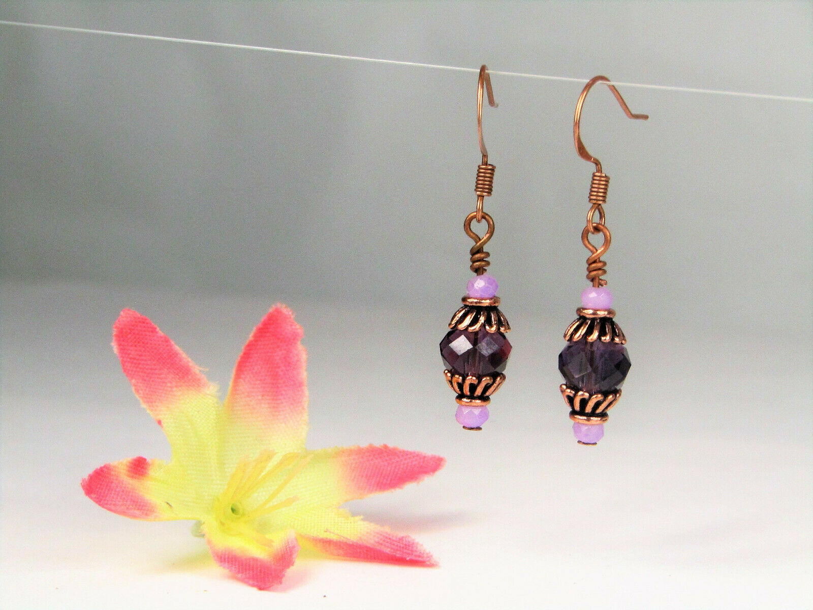 Faceted Purple Crystal Antique Copper Capped Dangle Earrings, Artisan Made OOAK - Bad Apple Designs Jewelry