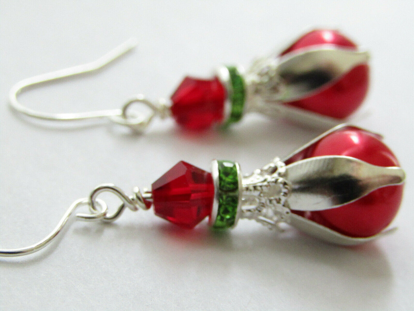 Red Glass Pearl Green Crystal Christmas Holiday Earrings Silver - Bad Apple Designs Jewelry