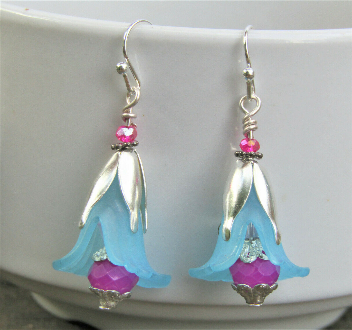 Flower Earrings Blue Purple Dangle Lucite Trumpet Lily Silver Plated - Bad Apple Designs Jewelry