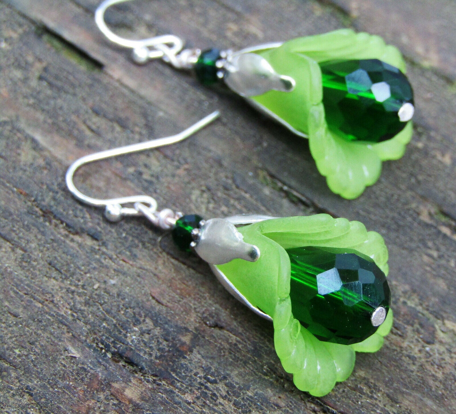 Flower Earrings Green Tulip Cala Lily Silver Dangle Earrings Sparkling Crystal - Bad Apple Designs Jewelry