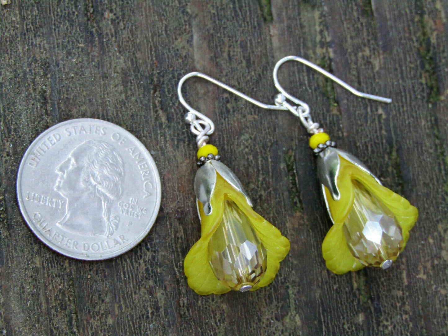 Flower Earrings Yellow Tulip Cala Lily Silver Dangle Earrings Sparkling Crystal - Bad Apple Designs Jewelry