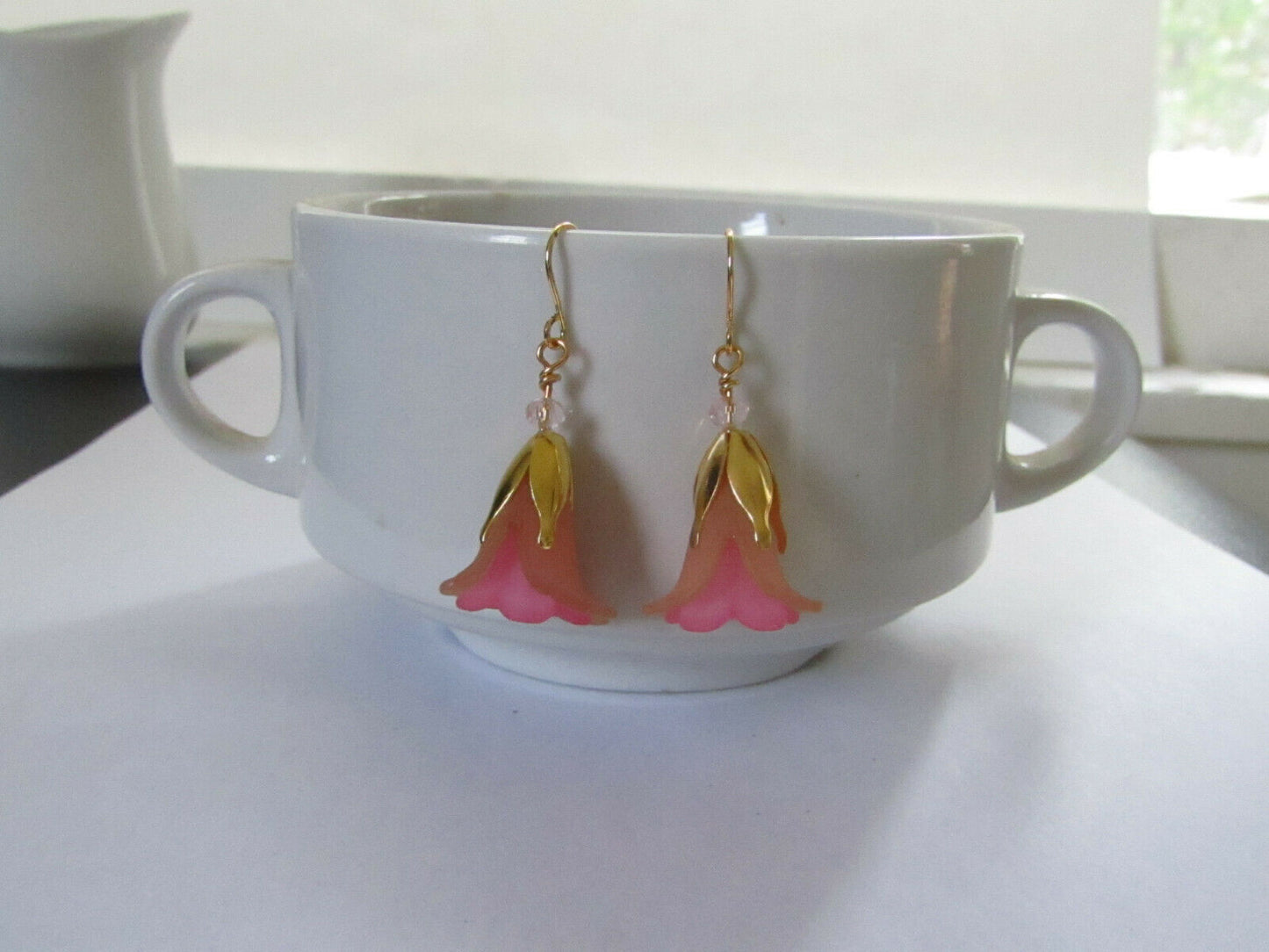 Flower Earrings Beige/Pink Tulip Cala Lily Gold Dangle Earrings Usa Handmade - Bad Apple Designs Jewelry
