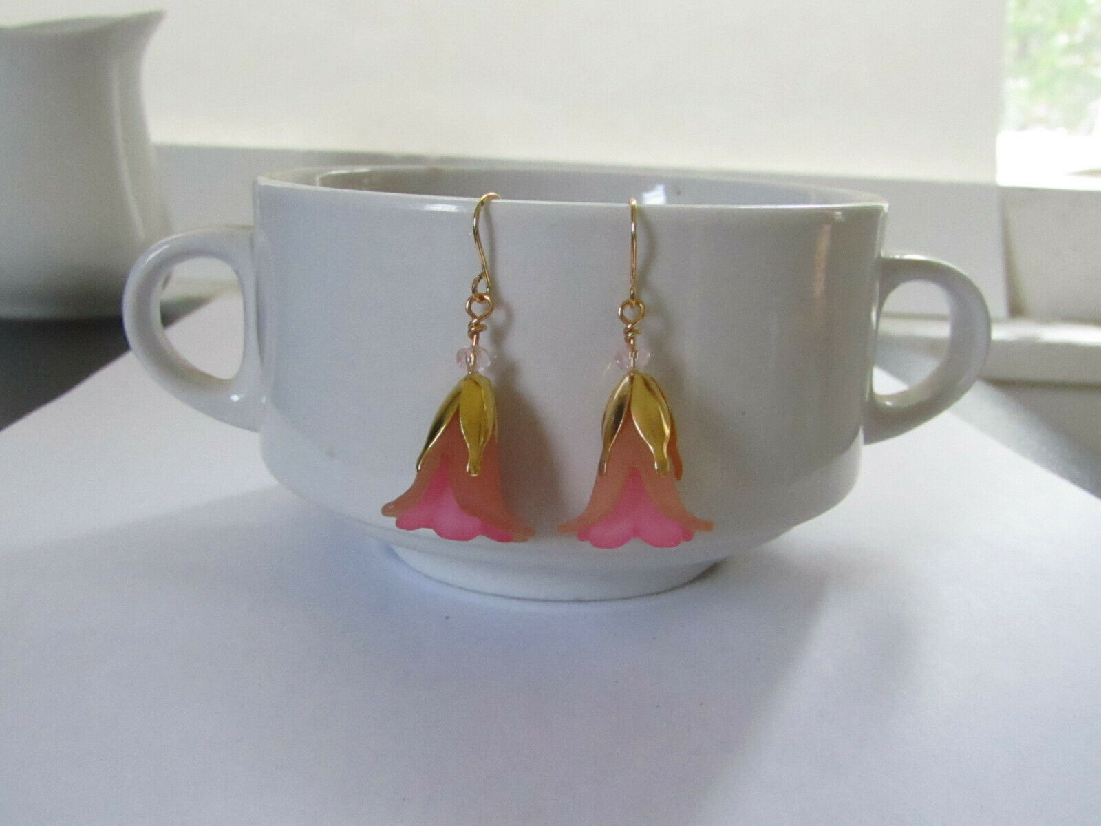 Flower Earrings Beige/Pink Tulip Cala Lily Gold Dangle Earrings Usa Handmade - Bad Apple Designs Jewelry