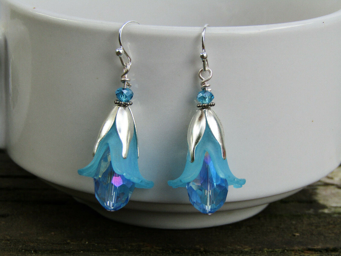 Flower Earrings Blue Tulip Cala Lily Silver Dangle Earrings Sparkling Crystal - Bad Apple Designs Jewelry