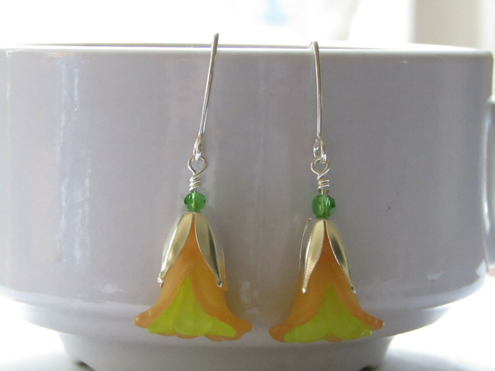 Flower Earrings Orange Green Tulip Cala Lily Silver Dangle Earrings Usa Handmade - Bad Apple Designs Jewelry