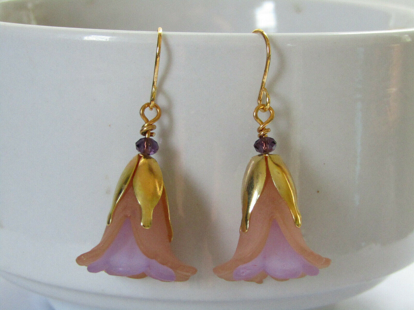 Flower Earrings Beige/Purple Tulip Cala Lily Gold Dangle Earrings Usa Handmade - Bad Apple Designs Jewelry