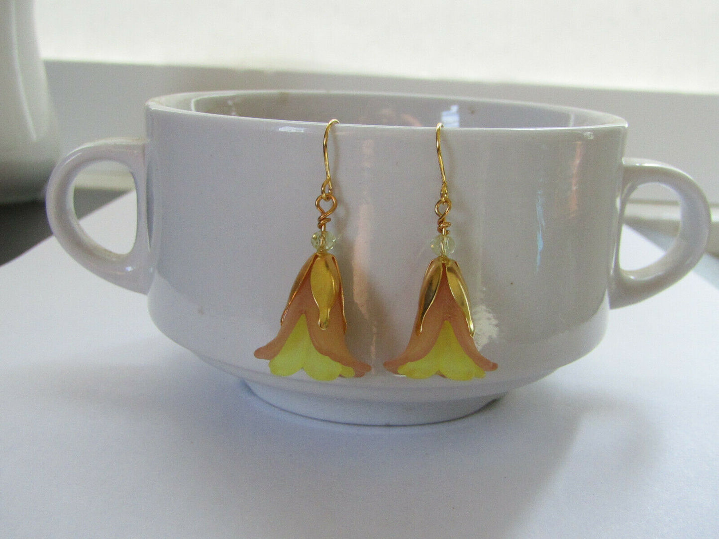 Flower Earrings Beige/Yellow Tulip Cala Lily Gold Dangle Earrings Usa Handmade - Bad Apple Designs Jewelry