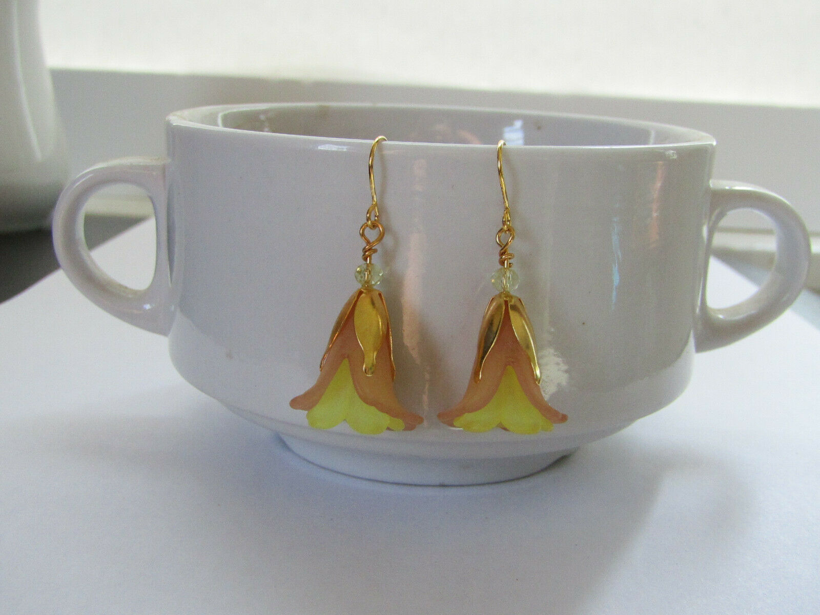 Flower Earrings Beige/Yellow Tulip Cala Lily Gold Dangle Earrings Usa Handmade - Bad Apple Designs Jewelry