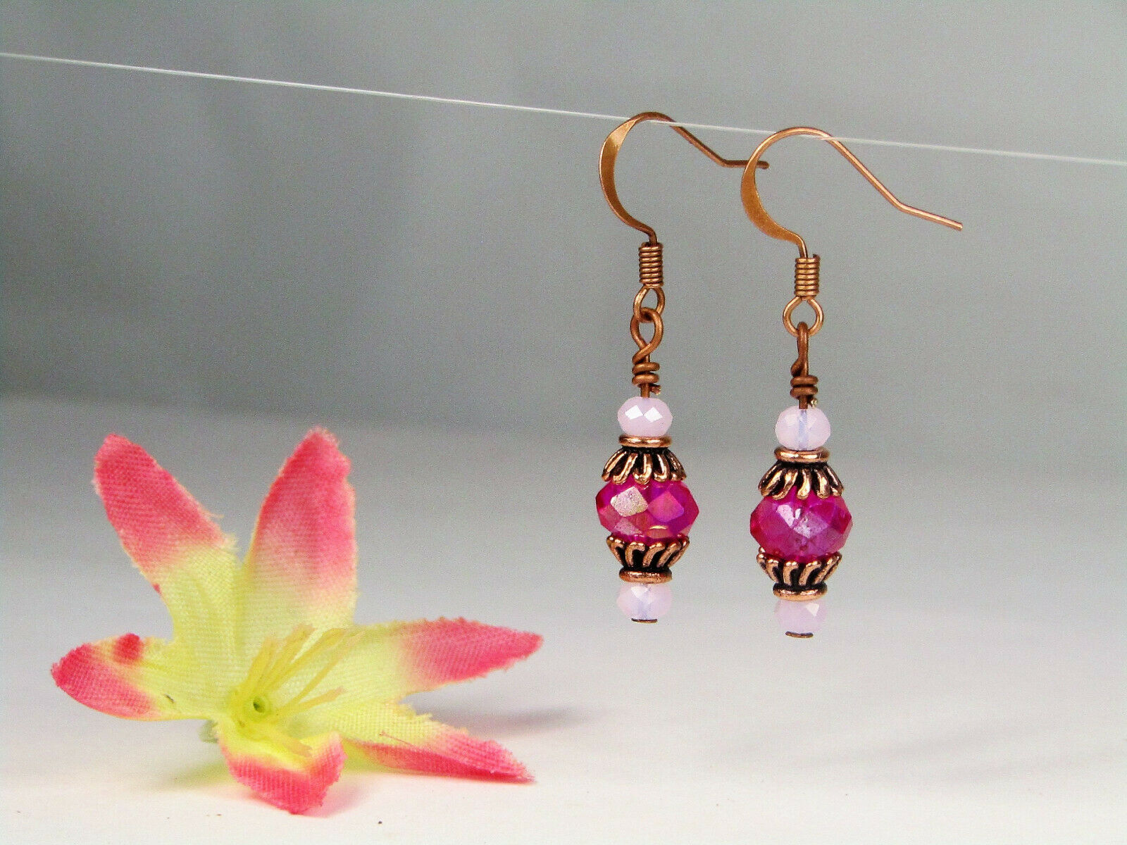Faceted Hot Pink Crystal Antique Copper Capped Dangle Earrings Usa Handmade - Bad Apple Designs Jewelry
