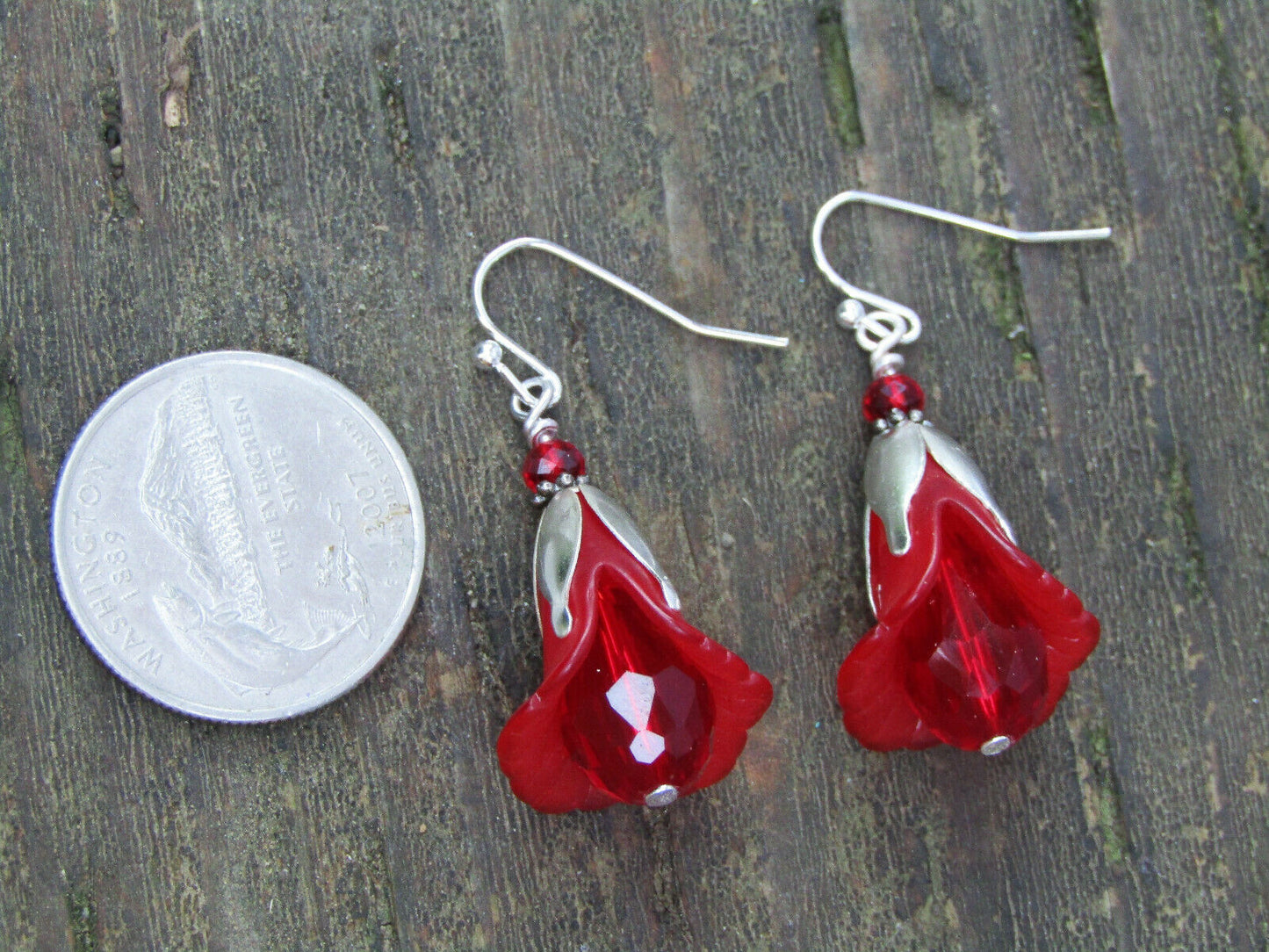 Flower Earrings Red Tulip Cala Lily Silver Dangle Earrings Sparkling Crystal - Bad Apple Designs Jewelry
