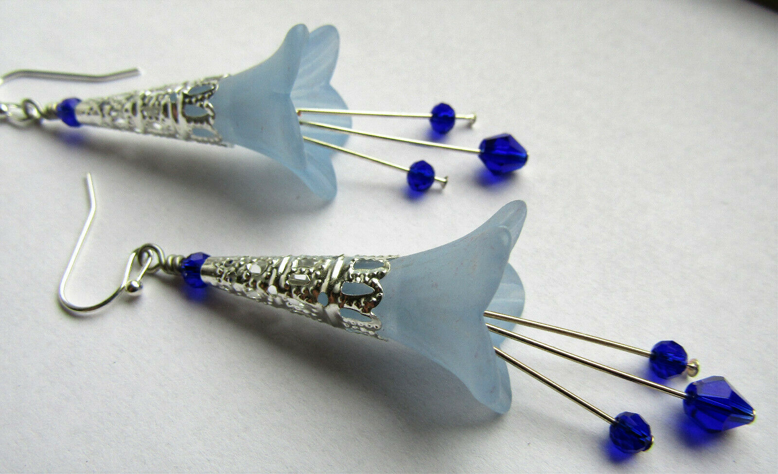 Flower Earrings Dark Blue Dangle Lucite Trumpet Lily Silver Plated Usa Handmade - Bad Apple Designs Jewelry