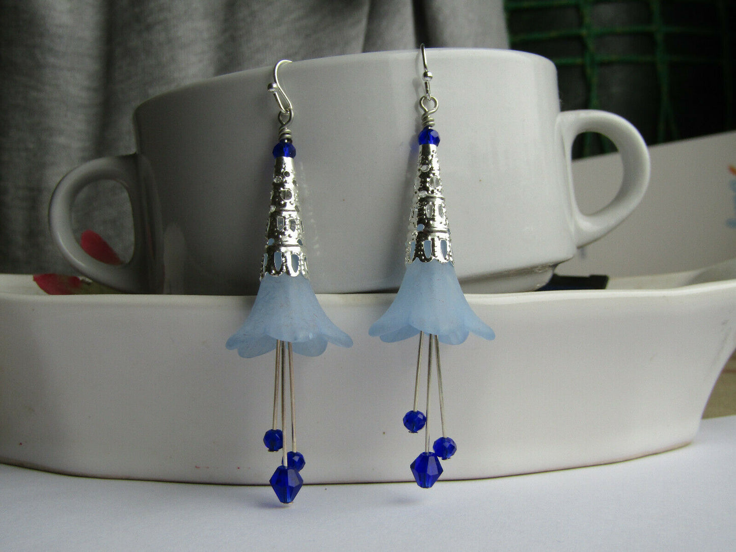 Flower Earrings Dark Blue Dangle Lucite Trumpet Lily Silver Plated Usa Handmade - Bad Apple Designs Jewelry