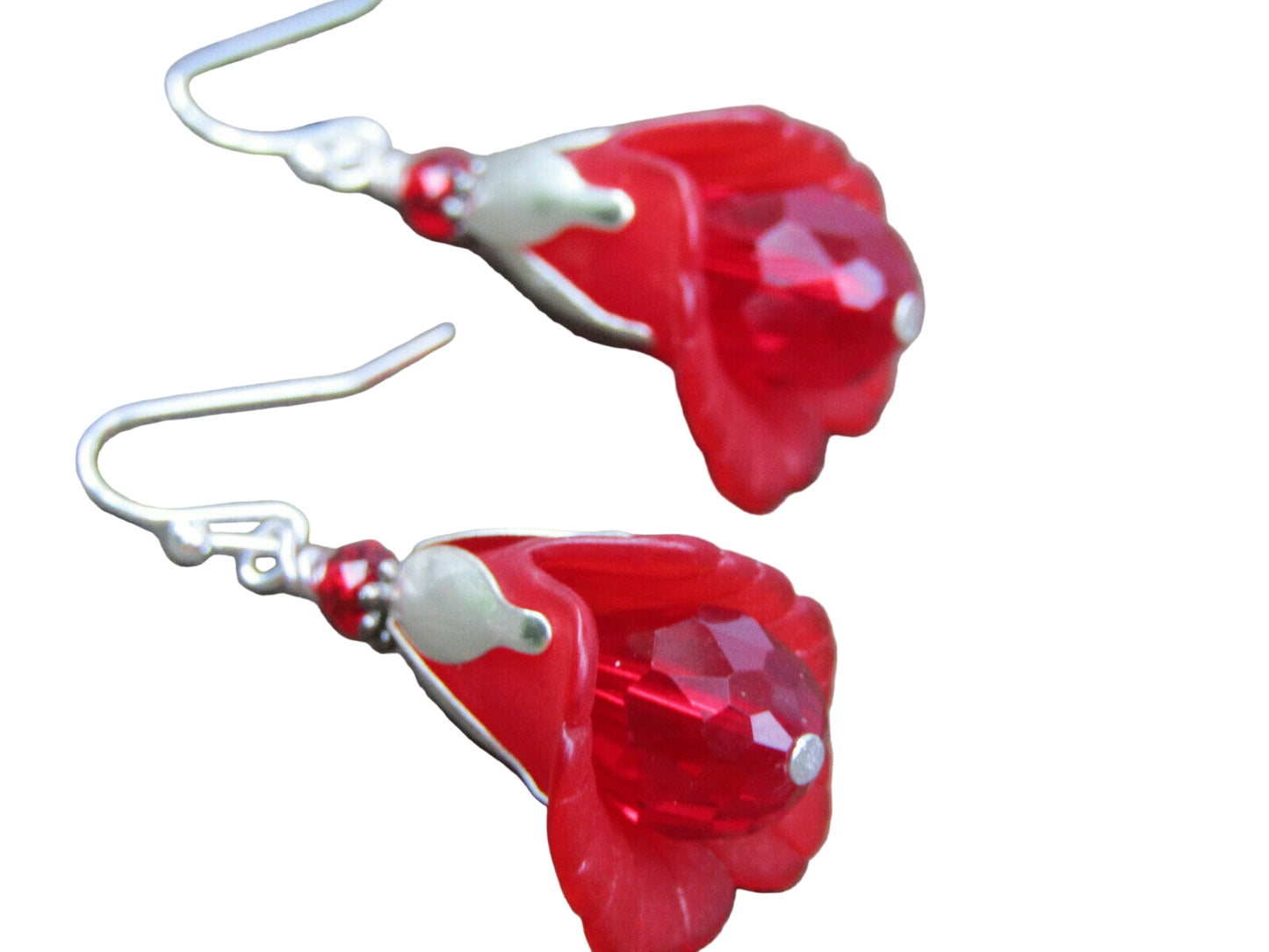 Flower Earrings Red Tulip Cala Lily Silver Dangle Earrings Sparkling Crystal - Bad Apple Designs Jewelry