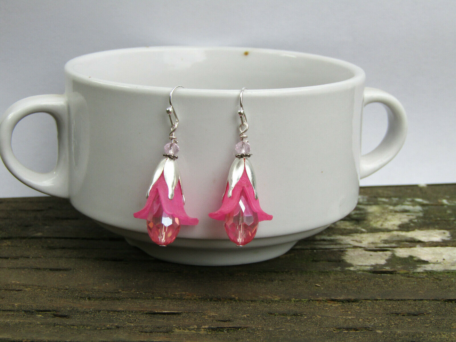 Flower Earrings Pink Tulip Cala Lily Silver Dangle Earrings Sparkling Crystal - Bad Apple Designs Jewelry