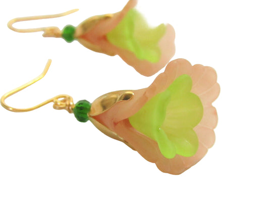 Flower Earrings Beige/Green Tulip Cala Lily Gold Dangle Earrings Usa Handmade - Bad Apple Designs Jewelry