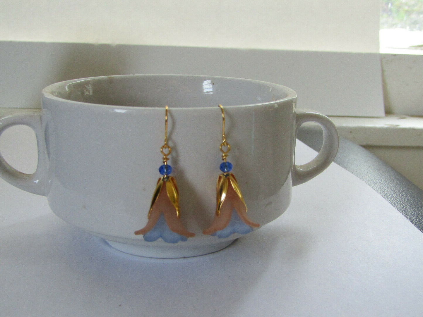 Flower Earrings Beige/Blue Tulip Cala Lily Gold Dangle Earrings Usa Handmade - Bad Apple Designs Jewelry