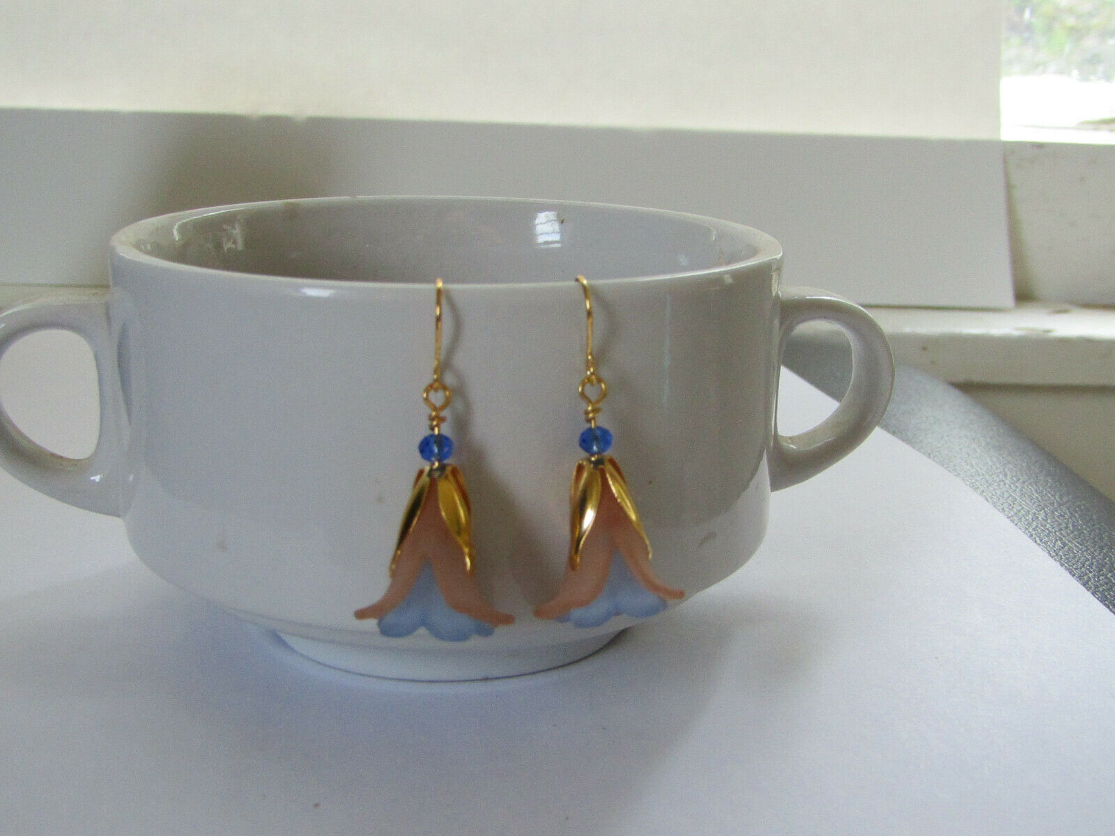 Flower Earrings Beige/Blue Tulip Cala Lily Gold Dangle Earrings Usa Handmade - Bad Apple Designs Jewelry