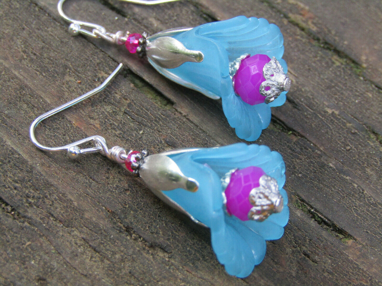 Flower Earrings Blue Purple Dangle Lucite Trumpet Lily Silver Plated - Bad Apple Designs Jewelry