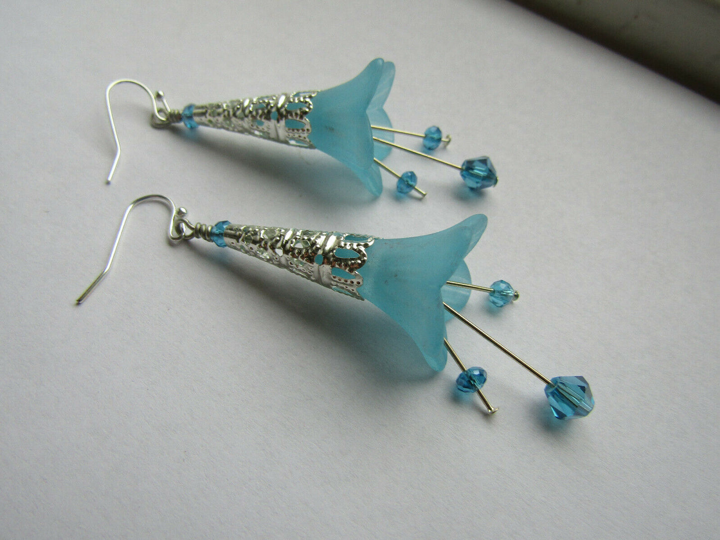 Flower Earrings Light Blue Dangle Lucite Trumpet Lily Silver Plated Usa Handmade - Bad Apple Designs Jewelry