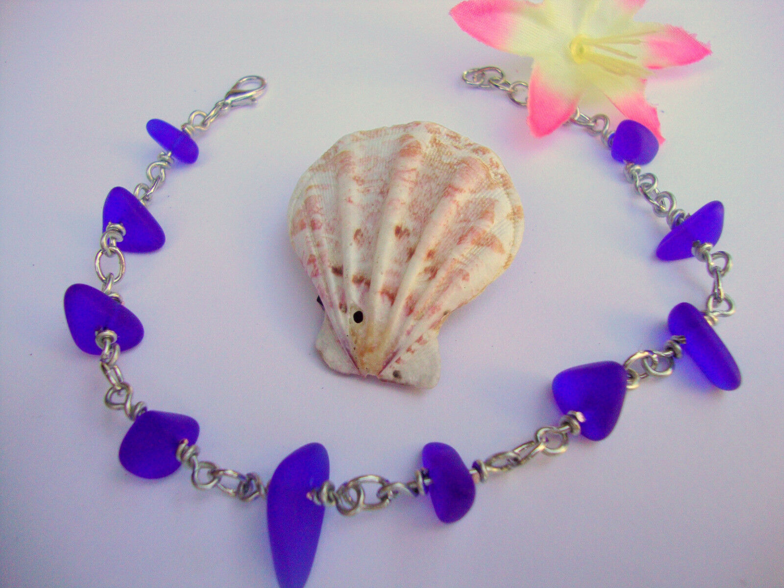 Cobalt Blue Sea Glass Silver Chain Link Bracelet Beach Glass Tumbled - Bad Apple Designs Jewelry