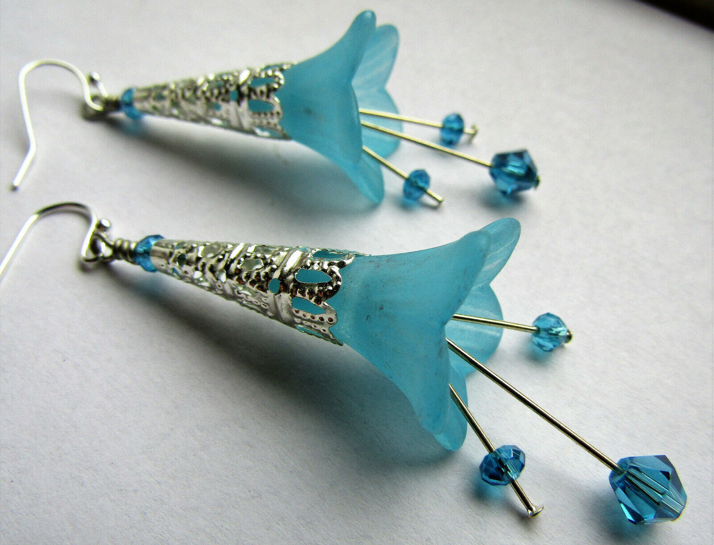 Flower Earrings Light Blue Dangle Lucite Trumpet Lily Silver Plated Usa Handmade - Bad Apple Designs Jewelry