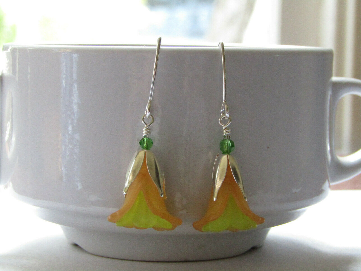 Flower Earrings Orange Green Tulip Cala Lily Silver Dangle Earrings Usa Handmade - Bad Apple Designs Jewelry
