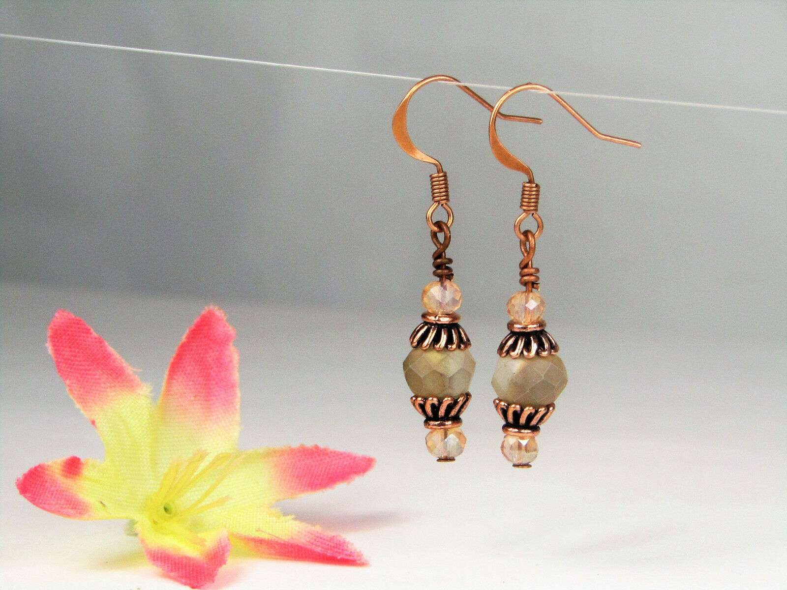 Faceted Champagne Crystal Antique Copper Capped Dangle Earrings USA HANDMADE - Bad Apple Designs Jewelry