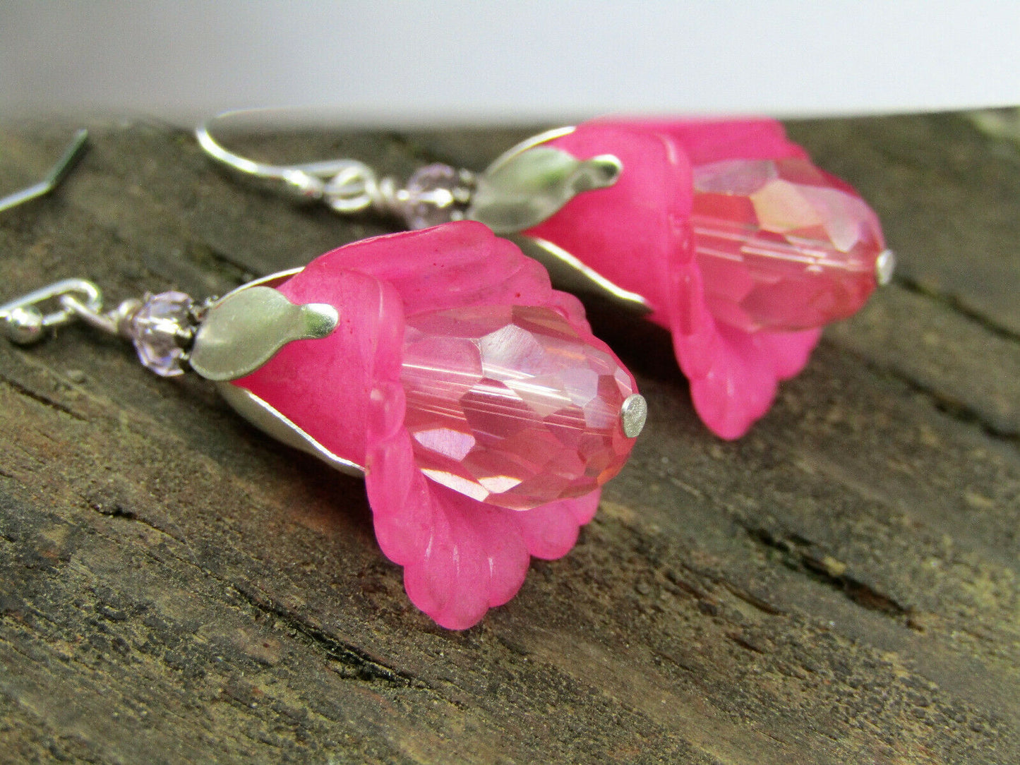 Flower Earrings Pink Tulip Cala Lily Silver Dangle Earrings Sparkling Crystal - Bad Apple Designs Jewelry