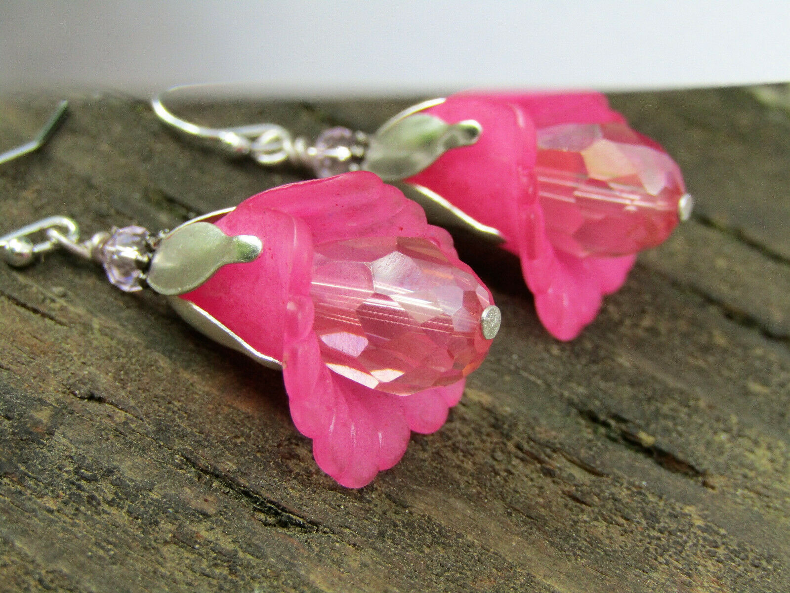 Flower Earrings Pink Tulip Cala Lily Silver Dangle Earrings Sparkling Crystal - Bad Apple Designs Jewelry