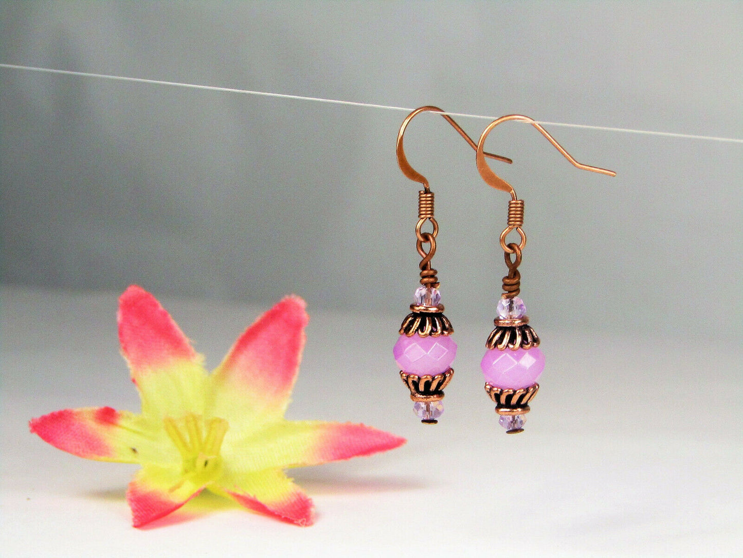 Faceted Opaque Purple Crystal Antique Copper Capped Dangle Earrings Artisan Made - Bad Apple Designs Jewelry