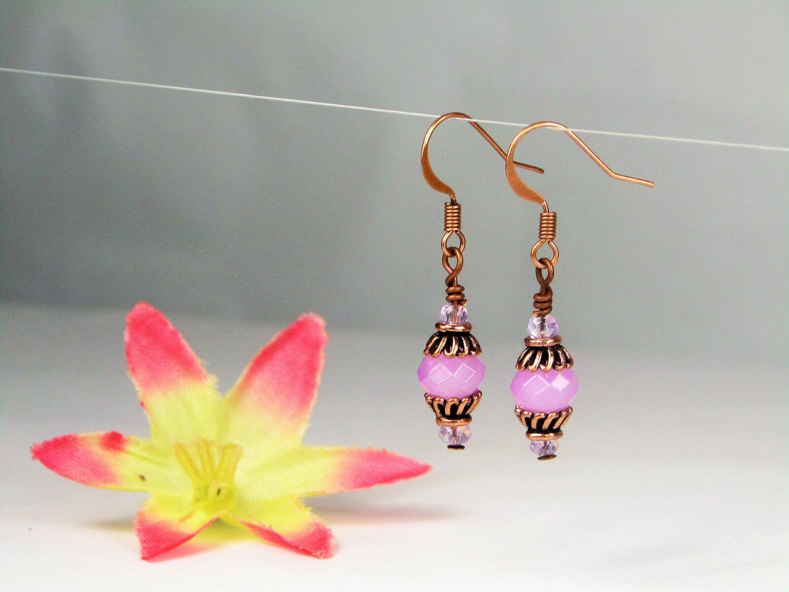 Faceted Opaque Purple Crystal Antique Copper Capped Dangle Earrings Artisan Made - Bad Apple Designs Jewelry