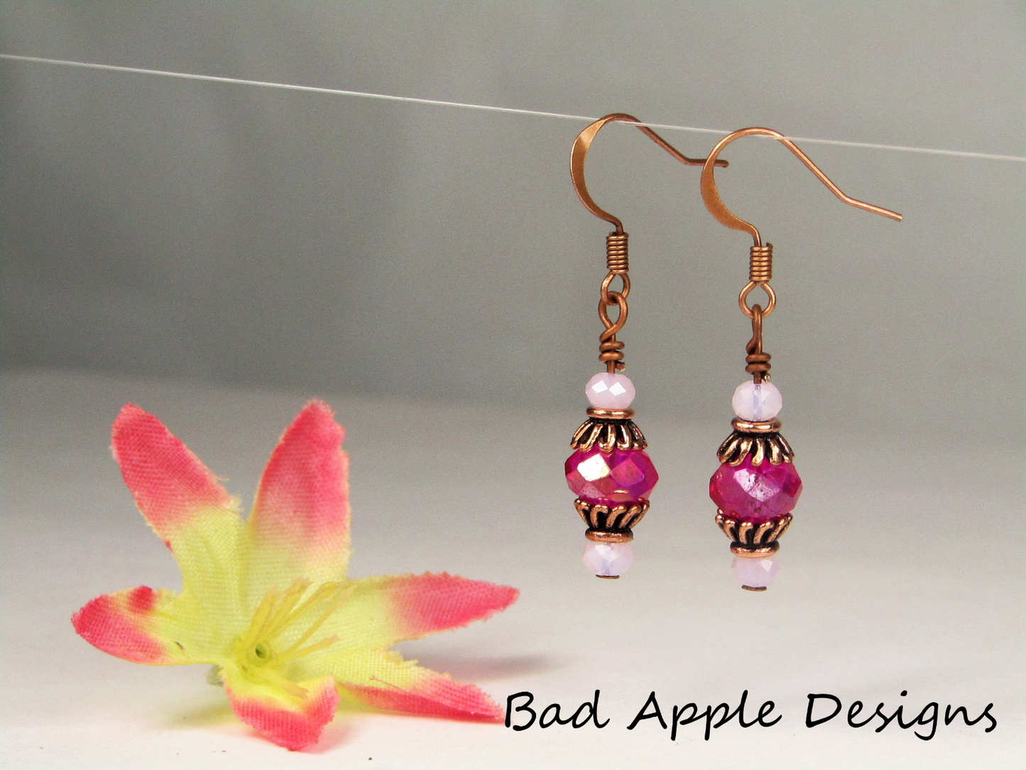 Faceted Hot Pink Crystal Antique Copper Capped Dangle Earrings Usa Handmade - Bad Apple Designs Jewelry