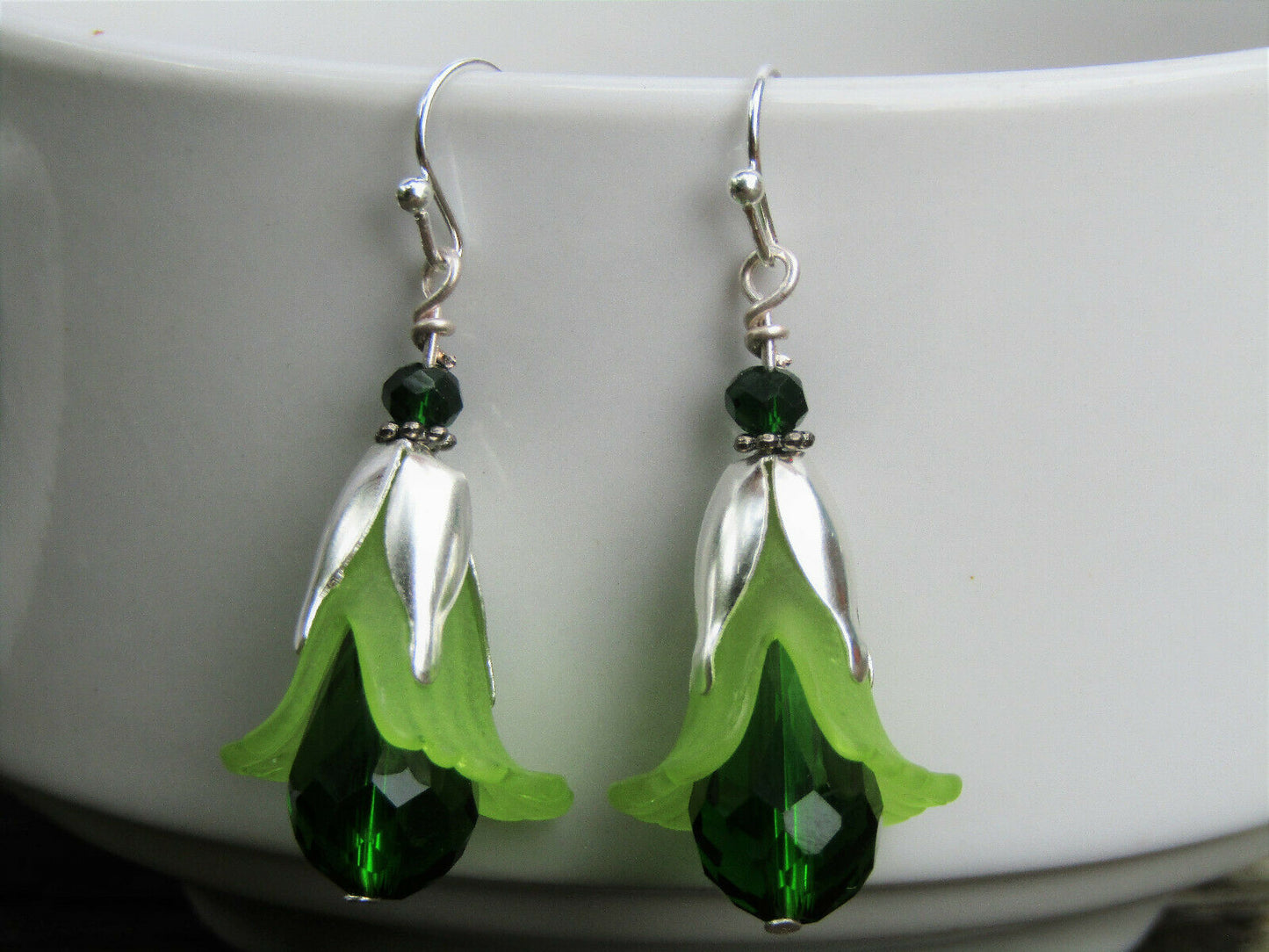 Flower Earrings Green Tulip Cala Lily Silver Dangle Earrings Sparkling Crystal - Bad Apple Designs Jewelry