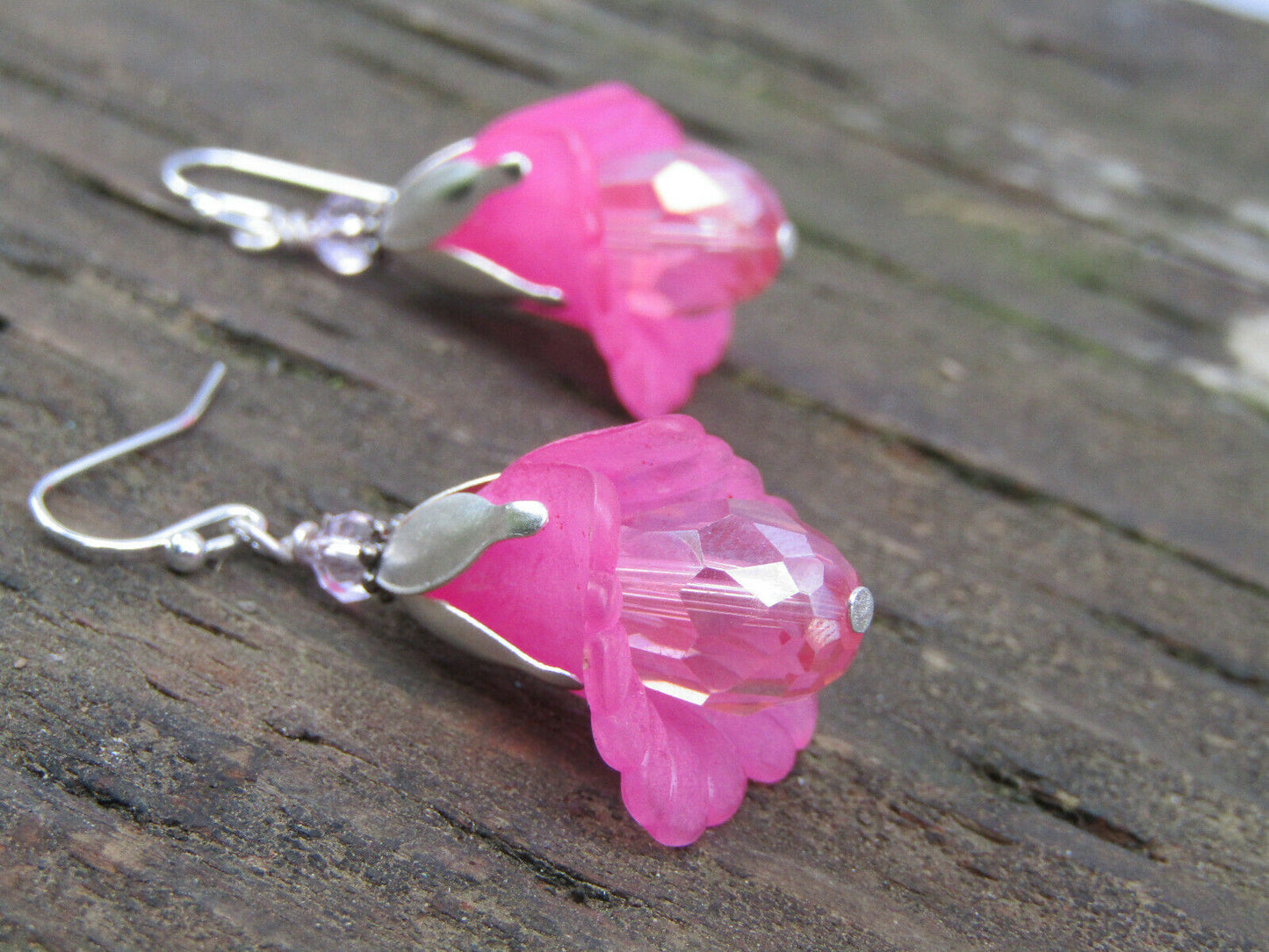 Flower Earrings Pink Tulip Cala Lily Silver Dangle Earrings Sparkling Crystal - Bad Apple Designs Jewelry
