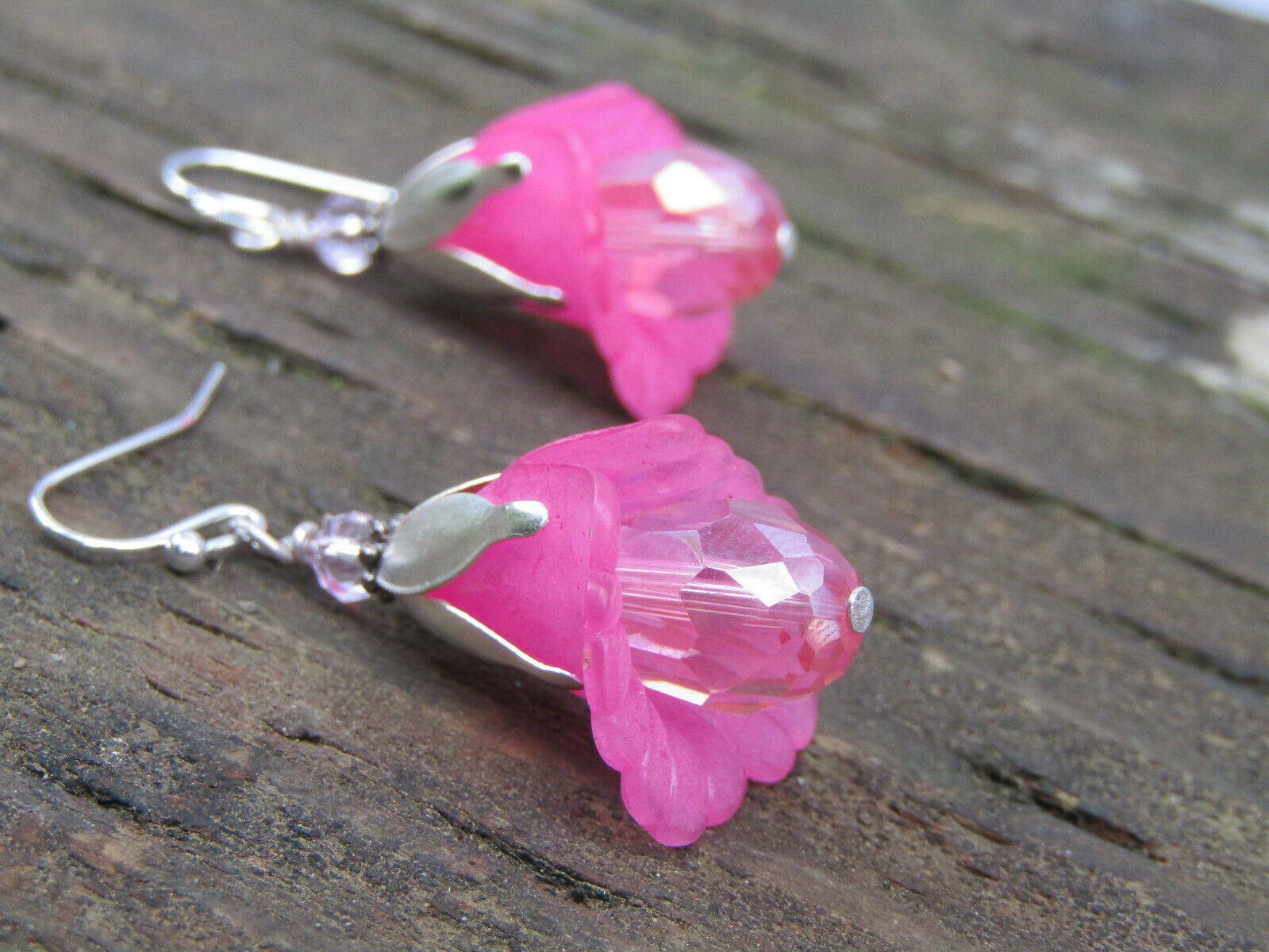 Flower Earrings Pink Tulip Cala Lily Silver Dangle Earrings Sparkling Crystal - Bad Apple Designs Jewelry