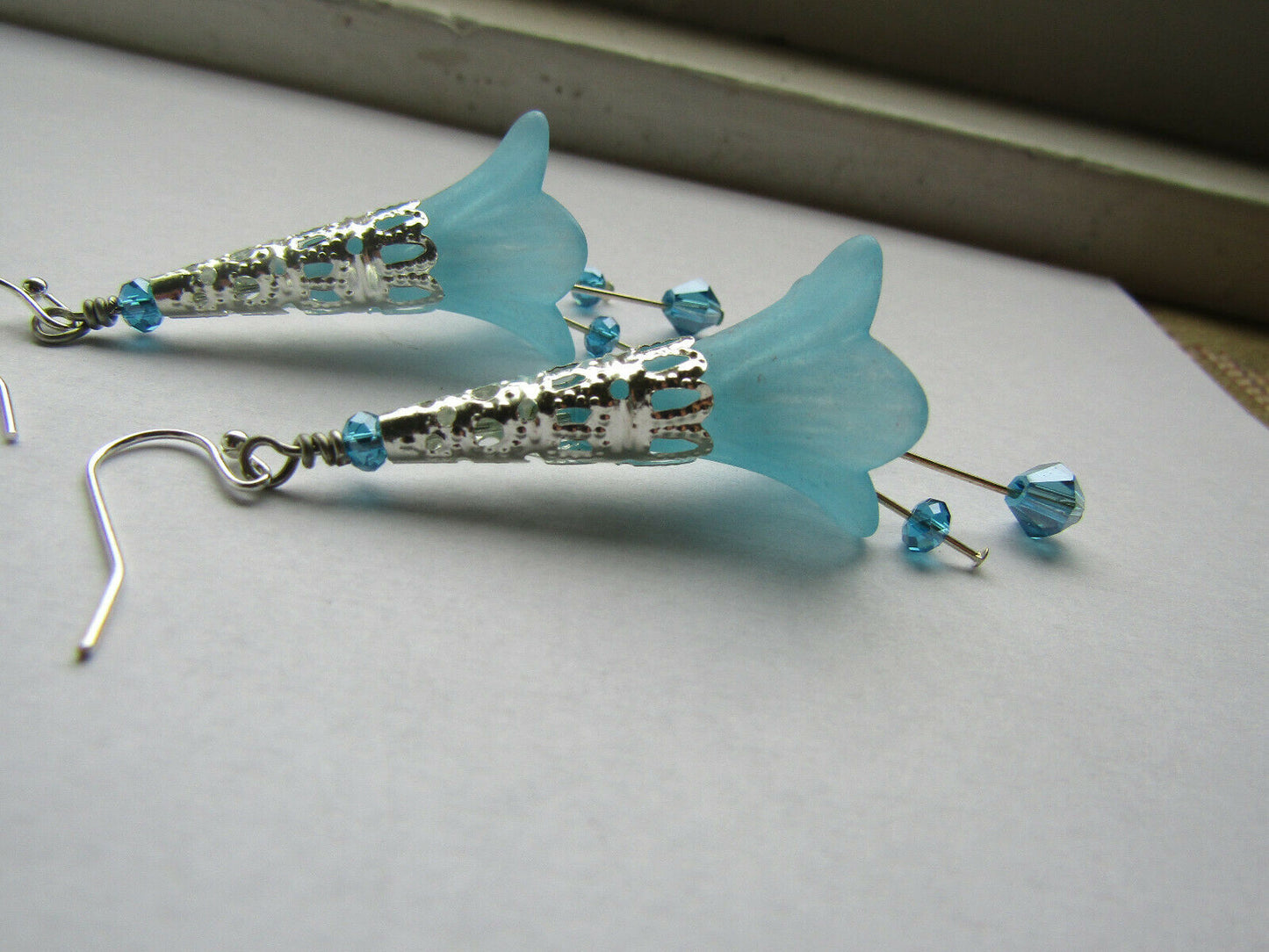 Flower Earrings Light Blue Dangle Lucite Trumpet Lily Silver Plated Usa Handmade - Bad Apple Designs Jewelry