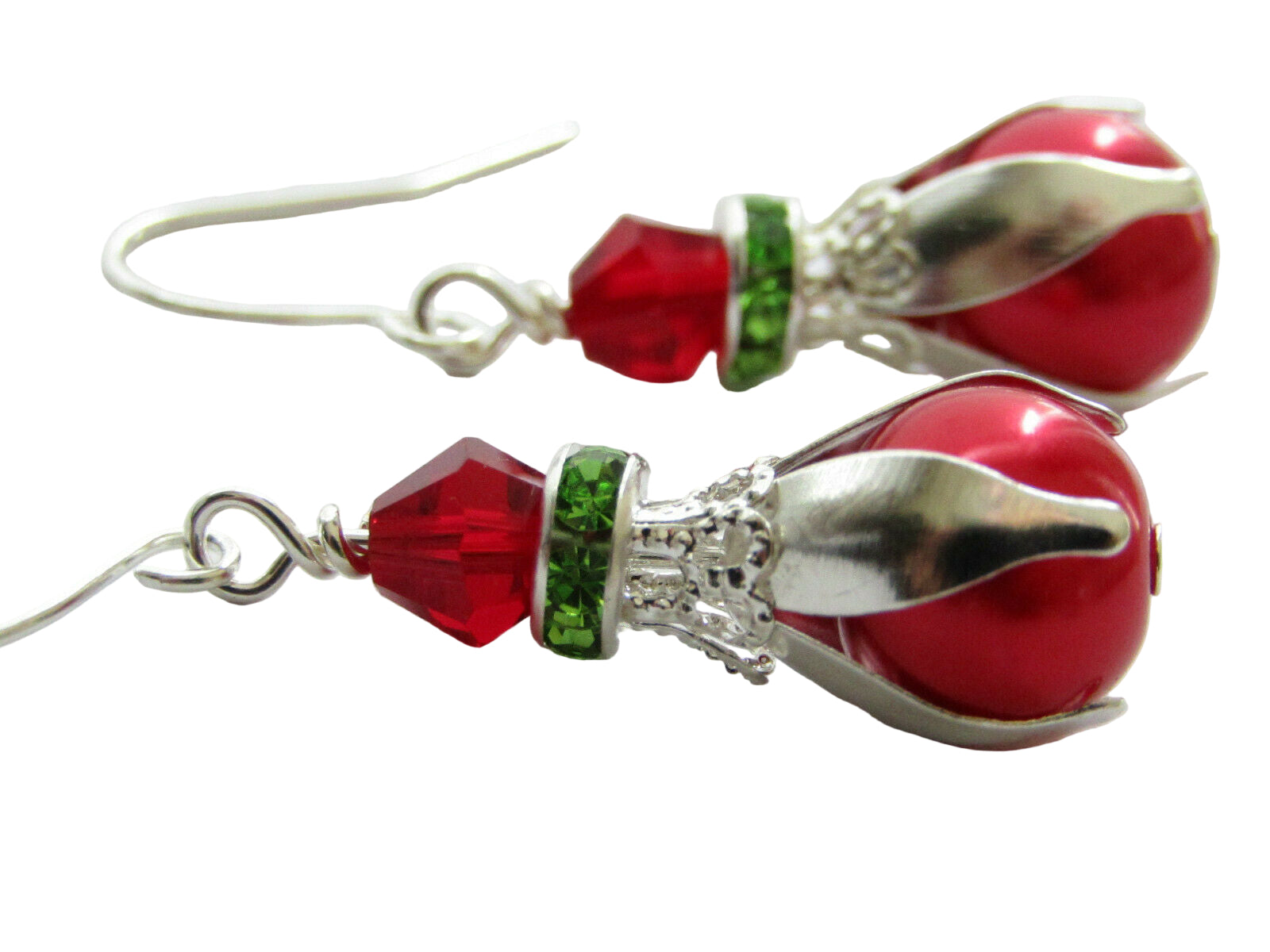 Red Glass Pearl Green Crystal Christmas Holiday Earrings Silver - Bad Apple Designs Jewelry