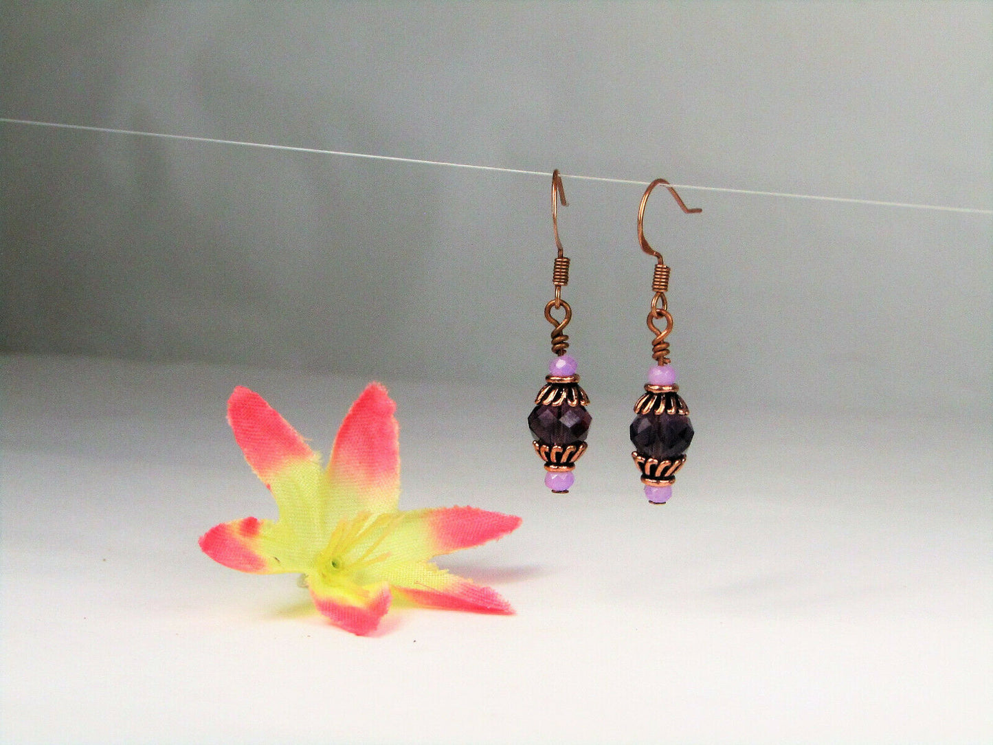 Faceted Purple Crystal Antique Copper Capped Dangle Earrings, Artisan Made OOAK - Bad Apple Designs Jewelry