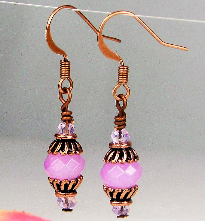 Faceted Opaque Purple Crystal Antique Copper Capped Dangle Earrings Artisan Made - Bad Apple Designs Jewelry
