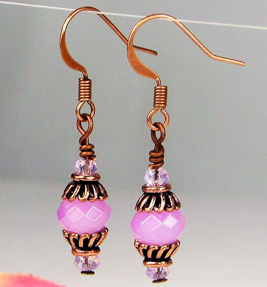 Faceted Opaque Purple Crystal Antique Copper Capped Dangle Earrings Artisan Made - Bad Apple Designs Jewelry