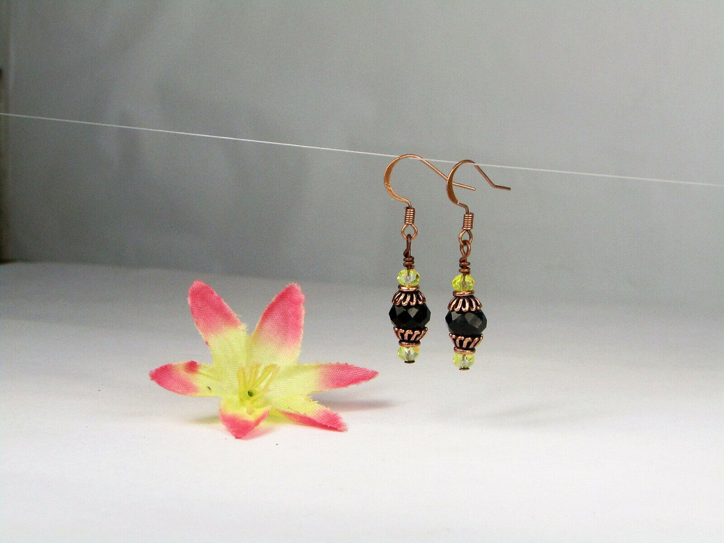 Faceted Black Yellow Crystal Antique Copper Capped Dangle Earrings USA HANDMADE - Bad Apple Designs Jewelry