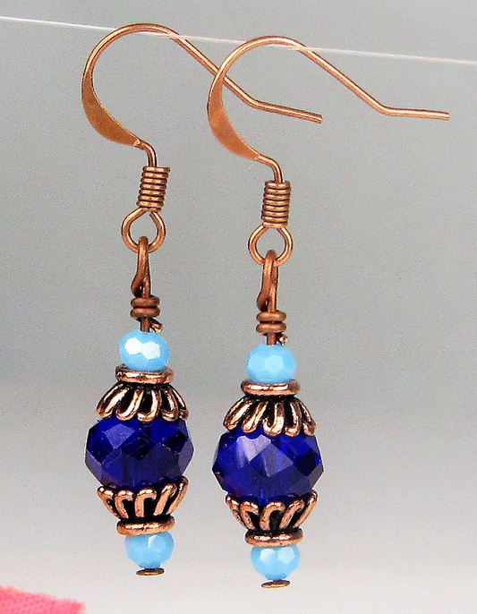 Faceted Blue Crystal Antique Copper Dangle Earrings USA HANDMADE - Bad Apple Designs Jewelry
