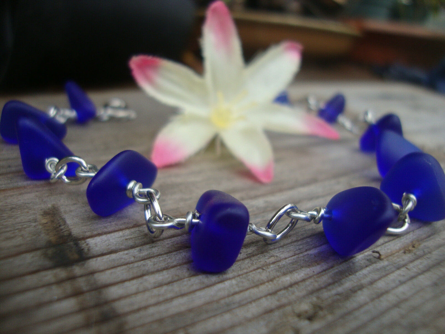 Cobalt Blue Sea Glass Silver Chain Link Bracelet Beach Glass Tumbled - Bad Apple Designs Jewelry