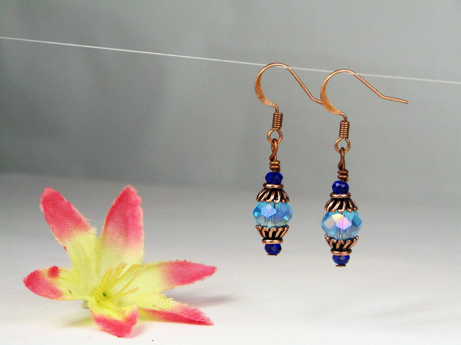 Faceted Light Blue Crystal Antique Copper Dangle Earrings, Artisan Made OOAK - Bad Apple Designs Jewelry