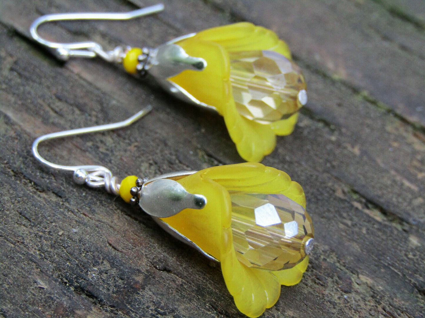 Flower Earrings Yellow Tulip Cala Lily Silver Dangle Earrings Sparkling Crystal - Bad Apple Designs Jewelry